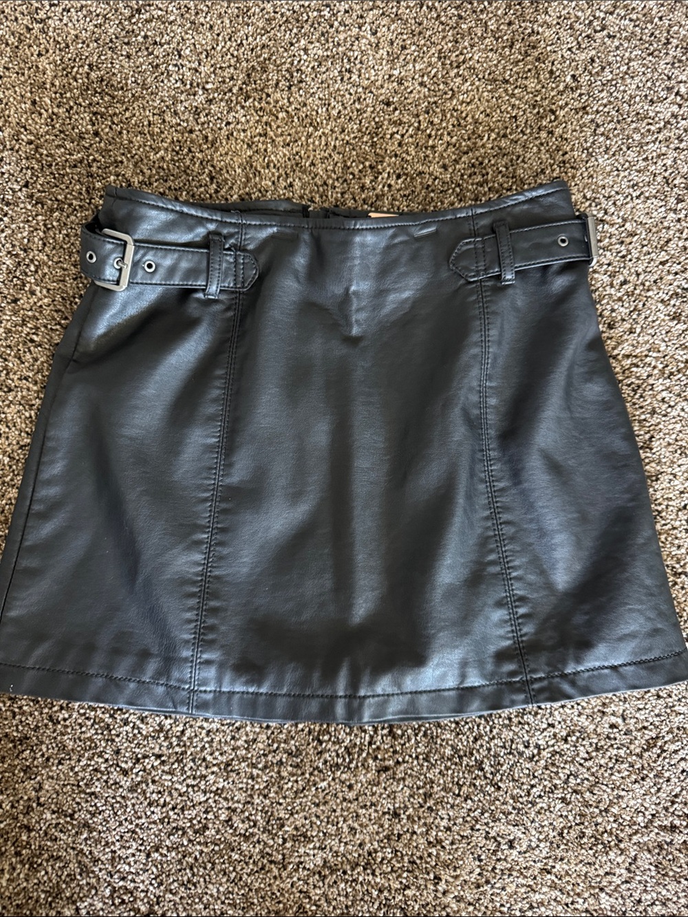 Free People Black Faux Leather Mini Skirt with Waist Buckle Accents